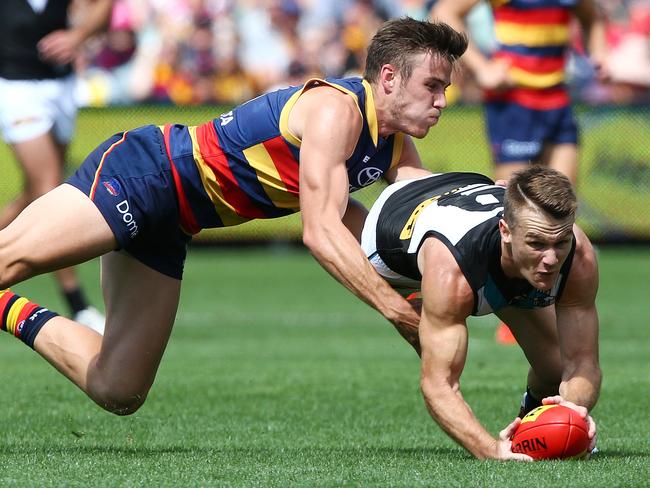 Robbie Gray under pressure from Paul Seedsman. Picture: Sarah Reed.