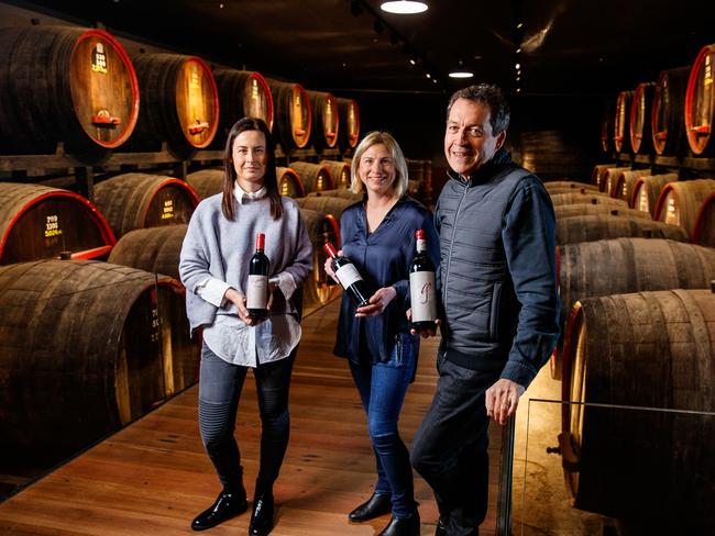 EMBARGO JULY 23, 2020 Penfolds winemakers Stephanie Dutton, Emma Wood and Peter Gago with the highly anticipated Grange 2016 and Penfolds g4 on July 20,2020 at Magill Estate. Picture Matt Turner.