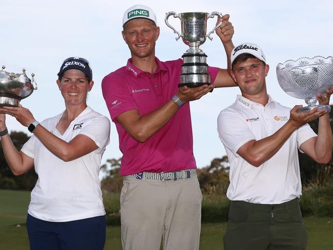 MELBOURNE . 04/12/2022. GOLFÃ Day 4 of the Australian Open Golf at the Victoria Golf Club, Melbourne.   Mens winner Adrian Meronk, Womens winner Ashleigh Buhai and all abilities winner Kipp Popert   . Picture by Michael Klein