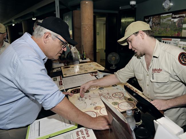 Prime Minister Scott Morrison during a visit to the Bowali Visitor Centre, Jabiru in January. Picture: AAP