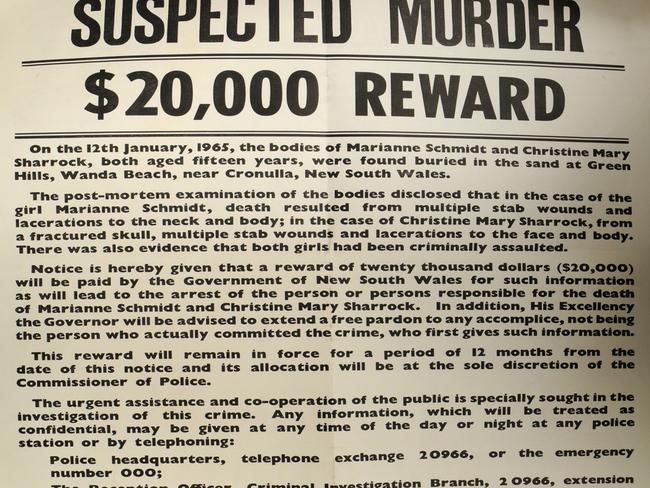 A reward poster for information on the deaths of Christine Sharrock and Marianne Schmidt in 1965.