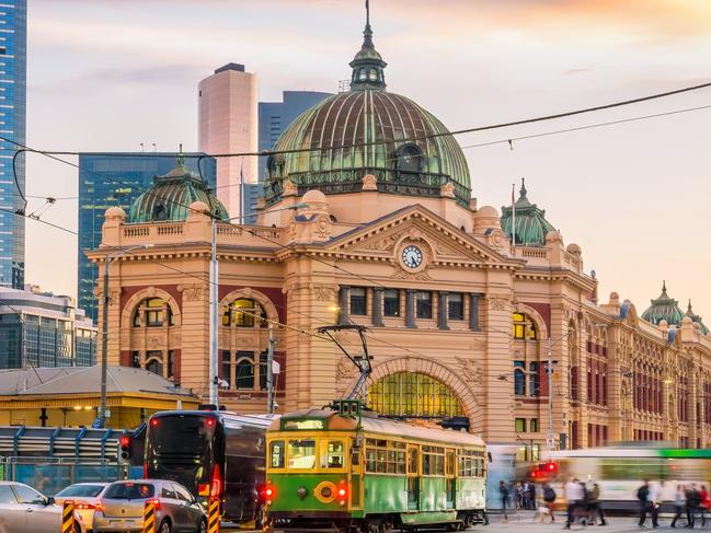 Melbourne Flinders Street Train Station in Australia at sunsetEscape 9 April 2023Doc HolidayPhoto - iStock