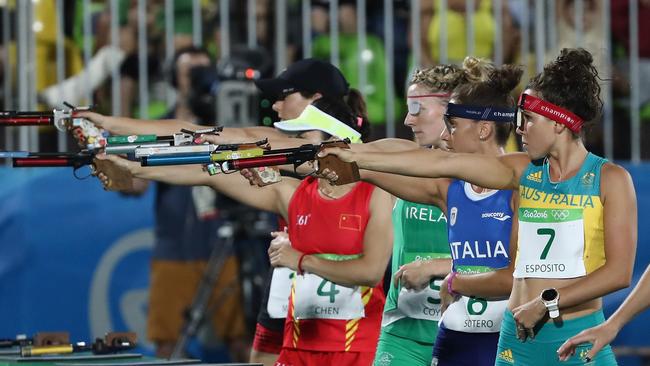 Chloe Esposito competes in the combined running/shooting during the modern pentathlon/