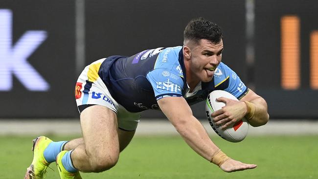 Gold Coast Titans second rower Beau Fermor scores a try against North Queensland Cowboys. Picture: Getty Images