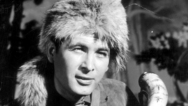 Actor Fess Elisha Parker with his cooskin cap in the 1955 film Davy Crockett.