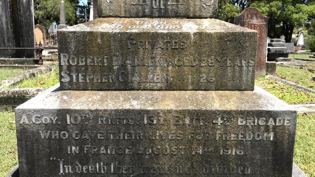 The inscriptions to Robert and Stephen Allen on their parents' grave in Manly Cemetery