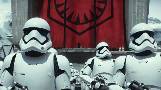 Stormtroopers in a scene from the new film <i>Star Wars: The Force Awakens</i> (Film Frame/Lucasfilm via AP).