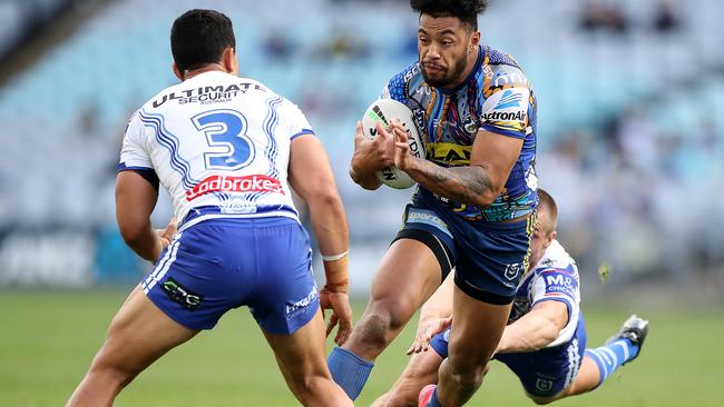 SYDNEY, AUSTRALIA - AUGUST 02: Waqa Blake of the Eels runs with the ball during the round 12 NRL match between the Canterbury Bulldogs and the Parramatta Eels at ANZ Stadium on August 02, 2020 in Sydney, Australia. (Photo by Mark Kolbe/Getty Images)