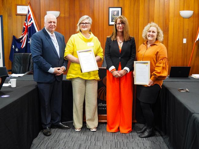 (L) to (R) Southern Downs mayor Vic Pennisi, Sue Hamlet, Councillor Jo McNally and Kathy Payne at the Warwick council chambers on Monday, June 24. Southern Downs Domestic and Family Violence prevention advocacy group Women's Action and Advocacy Team, were awarded for their ongoing efforts in providing outreach services for women and families affected by DFV in the region.