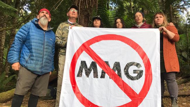 Bob Brown Foundation campaigners at the site of MMG’s proposed tailings dam near Rosebery. Picture: Supplied