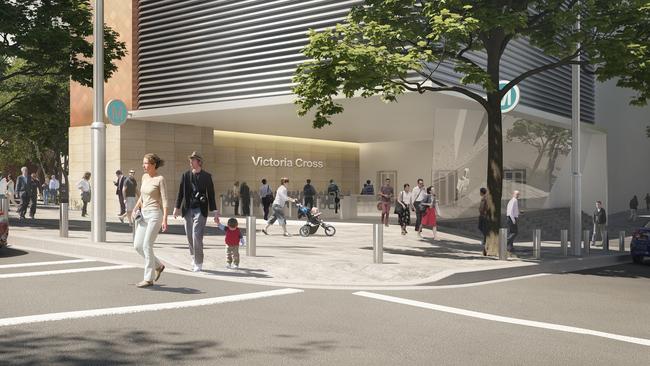 Artist’s impression of the station entrance on McLaren St. Picture: Transport for NSW