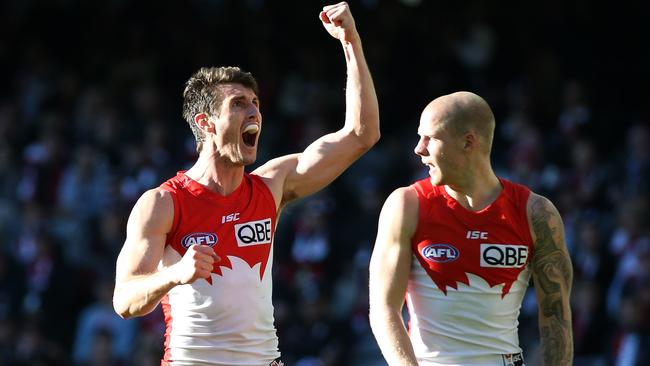 Dean Towers celebrates his goal in the third quarter. Picture: George Salpigtidis