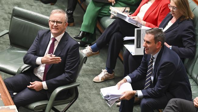 Anthony Albanese and Jim Chalmers during Question Time at Parliament House in Canberra. Picture: Martin Ollman