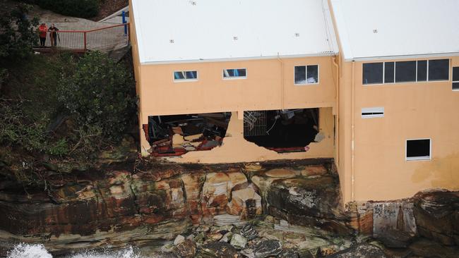 The damaged exterior of the Coogee Surf Life Saving Club as seen from the air. Picture: Toby Zerna