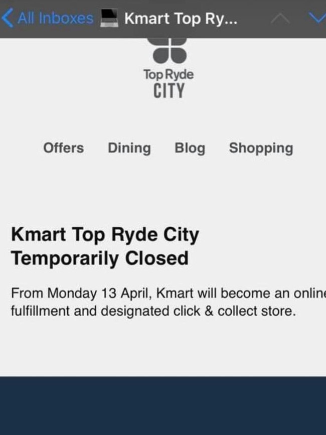 Kmart at Top Ryde City Shopping Centre shuts down shop front temporarily from April 13.