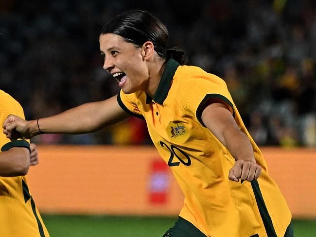 Sam Kerr helped inspire the Matildas to a first-up win in the Cup of Nations. Picture: Saeed Khan / AFP