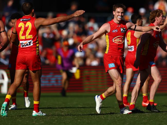 Noah Anderson of the Suns celebrates a goal in his side’s win over Port Adelaide. Picture: Chris Hyde/Getty Images.