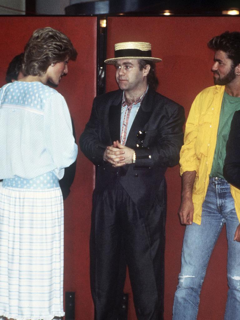 July 13, 1985, Britain’s Princess Diana meets singers Elton John, center, and George Michael, right, on her arrival at Wembley Stadium in London for the Live Aid famine relief concert for Africa . Picture: AP Photo