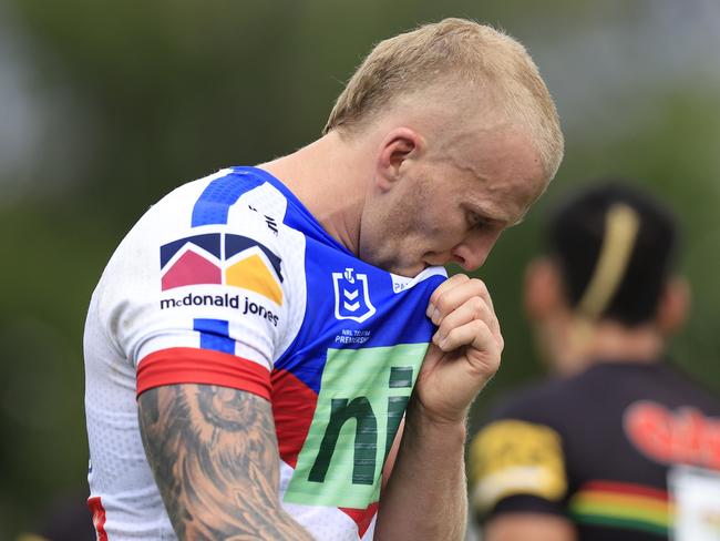 BATHURST, AUSTRALIA - MARCH 26:  Mitchell Barnett of the Knights is sent off during the round three NRL match between the Penrith Panthers and the Newcastle Knights at Carrington Park, on March 26, 2022, in Bathurst, Australia. (Photo by Mark Evans/Getty Images)