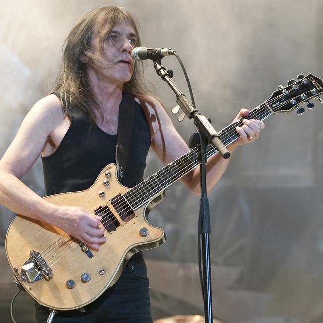 Malcolm Young plays his faithful Gretsch in Sydney during the Black Ice tour in 2010. Picture: Charles Brewer