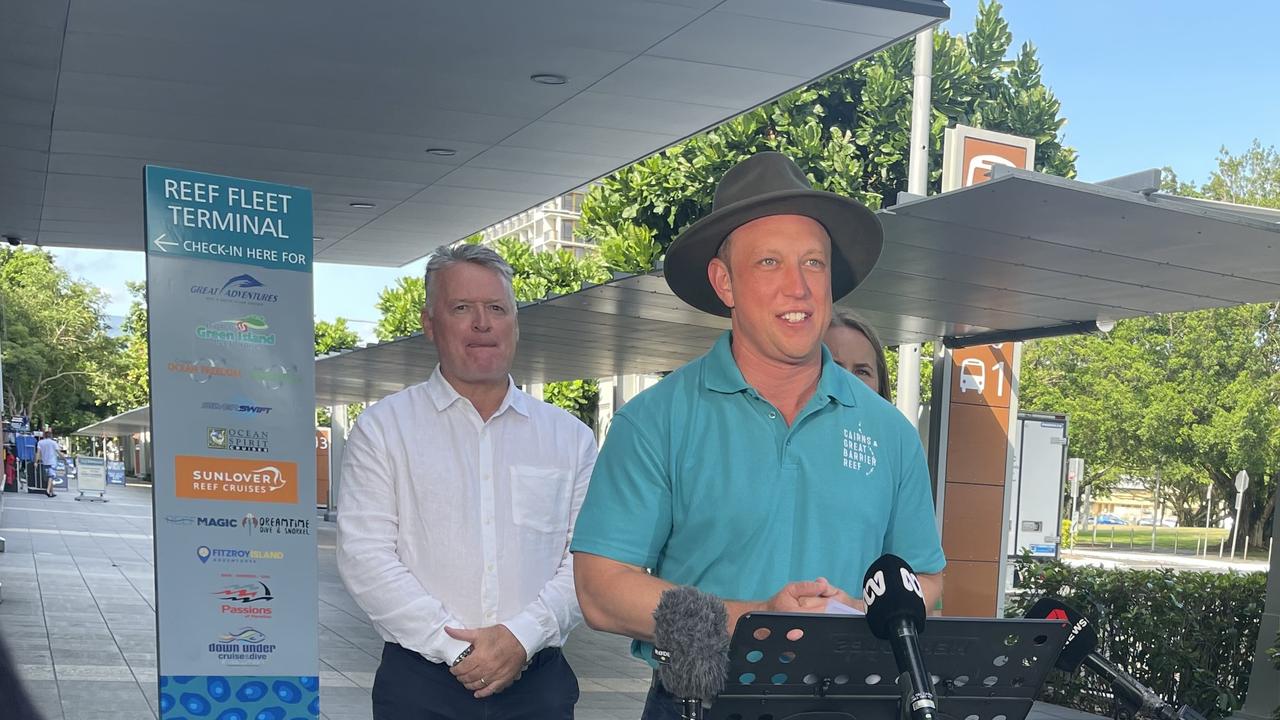 Premier Steven Miles, in Cairns on December 5, said a jointly funded $5 million tourism recovery package would keep people coming to the region and provide crucial support to local businesses, local families and the local economy. Picture: Bronwyn Farr