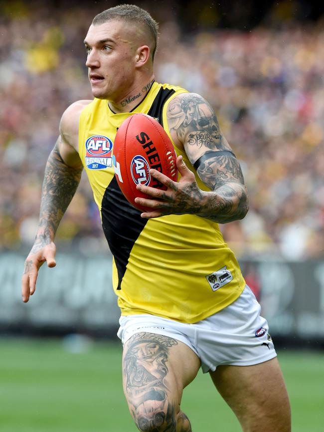 Dustin Martin on the charge during his dominant 2017 season. Picture: Nicole Garmston