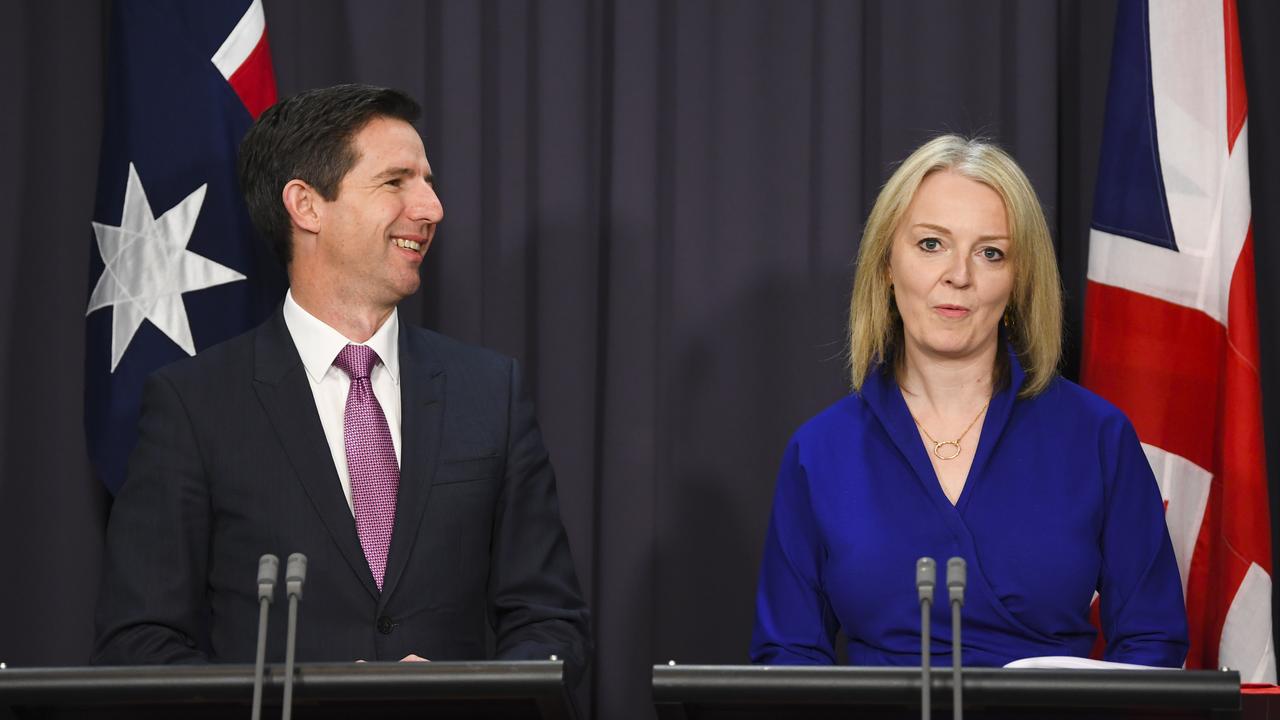 Australian Trade Minister Simon Birmingham with UK Trade Secretary Liz Truss in Canberra on Wednesday. Picture: AAP/Lukas Coch