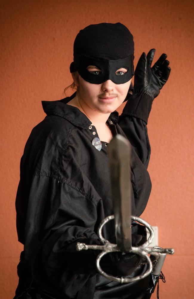 Dressed as Wesley from The Princess Bride, Elorah Ryan, spent ten hours making the sword themself at TROPiCON at the Darwin Entertainment Center Picture: Glenn Campbell