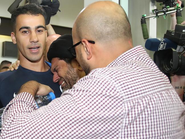 Emotions run high as Hakeem al-Araibi arrives at Melbourne Airport. Picture: Getty