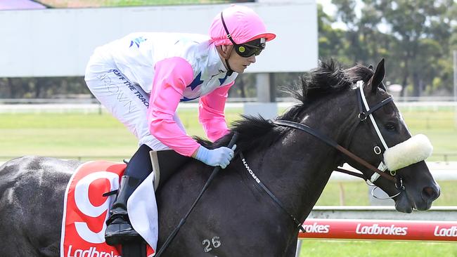 Jockey Ethan Brown posting one of his three wins on his first day back in the saddle at Moe aboard the Cliff Brown-trained Yaphet. Picture: Racing Photos via Getty Images