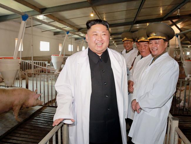 This undated picture released by North Korea's official Korean Central News Agency shows North Korean leader Kim Jong-Un visiting a pig farm at Taechon Air Base of the Korean People's Army. Picture: AFP