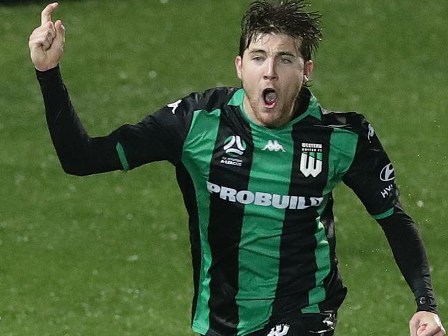 SYDNEY, AUSTRALIA - AUGUST 07: Max Burgess of Western United celebrates after scoring a goal during the round 25 A-League match between Western United and the Western Sydney Wanderers at Netstrata Jubilee Stadium on August 07, 2020 in Sydney, Australia. (Photo by Mark Metcalfe/Getty Images)