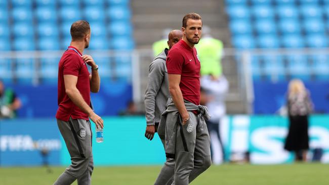 England captain Harry Kane (right) checks out the pitch prior to his team’s clash with Sweden at Samara Arena. Photo: Getty Images