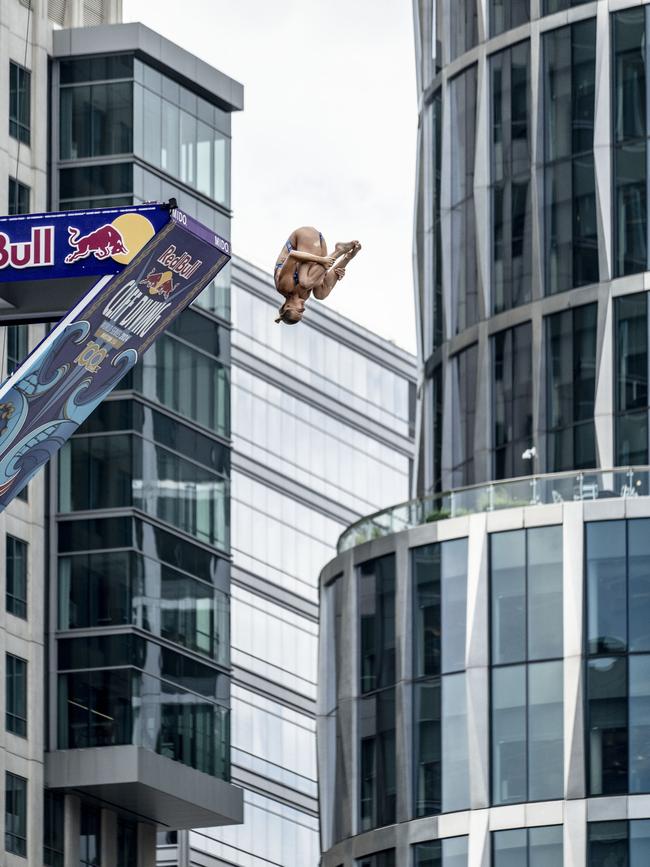 Iffland dives from a 20.5m platform on the Institute of Contemporary Arts building in Boston in June. Picture: Red Bull