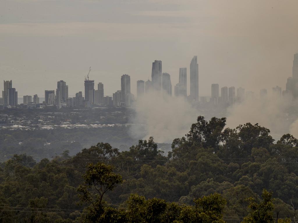 Smoke haze covers the Gold Coast Skyline, Surfers Paradise Skyline, from a grass fire at Carrara. Picture: Jerad Williams