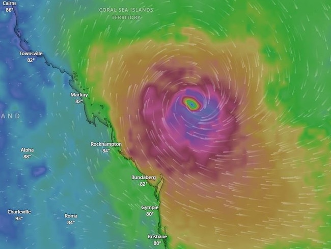 For Saturday March 1 this forecast track map has the system travelling southeast off the coast of central Queensland. Source: Windy.com