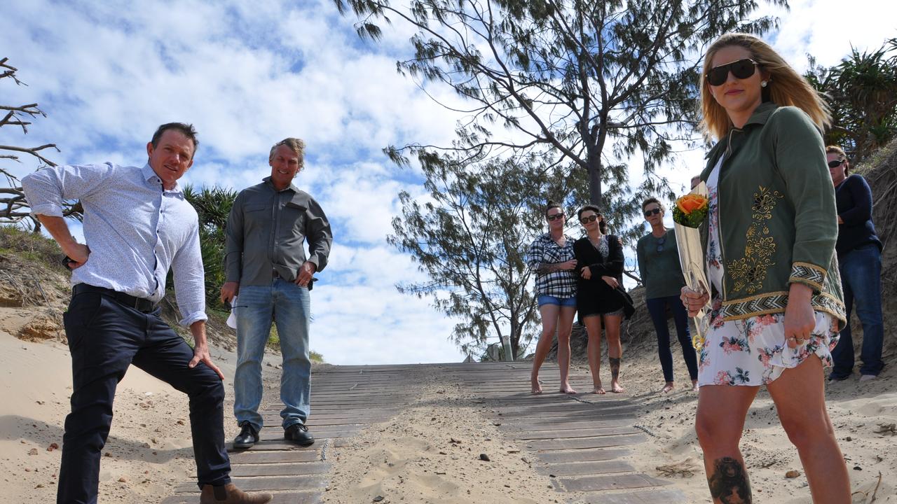 Cr Adam Belot, Cr Pat Eastwood, Clair Fitzpatrick and friends in the past have rallied for a safer alternative to the Bangalee access to Farnborough Beach. FILE PHOTO.