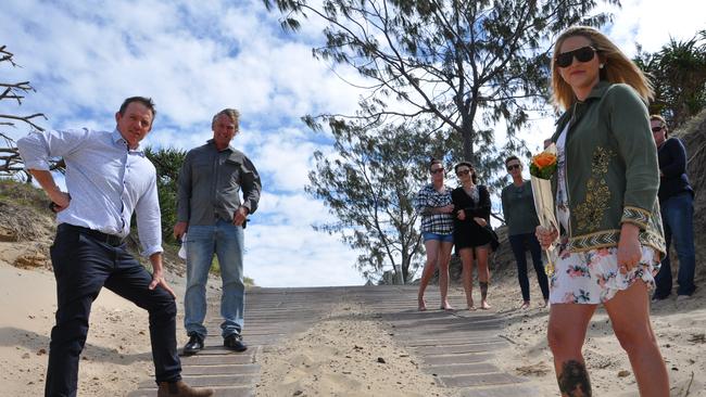 Cr Adam Belot, Cr Pat Eastwood, Clair Fitzpatrick and friends in the past have rallied for a safer alternative to the Bangalee access to Farnborough Beach. FILE PHOTO.