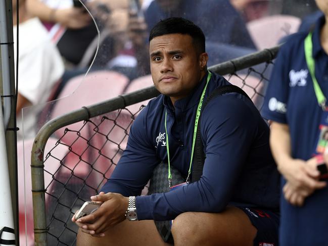 Spencer Leniu. SYDNEY, AUSTRALIA - MARCH 17: NRL match between Manly Sea Eagles and Sydney Roosters at 4 Pines Park, on March 17, 2024, in Sydney, Australia. Picture: NRL Photos