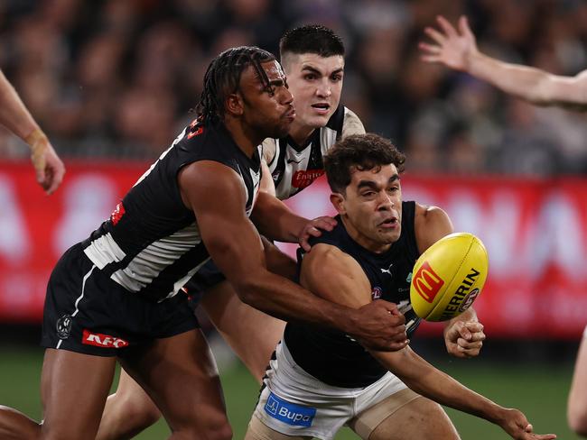 Collingwood vs Carlton clashes are always fierce battles. Photo by Michael Klein.