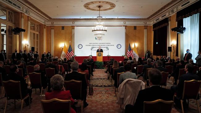 US Secretary of State Mike Pompeo delivers remarks at a Holy See Symposium on Advancing and Defending Religious Freedom through Diplomacy, appealing to the Vatican to take a stand against China. Picture: Guglielmo Mangiapane/AFP