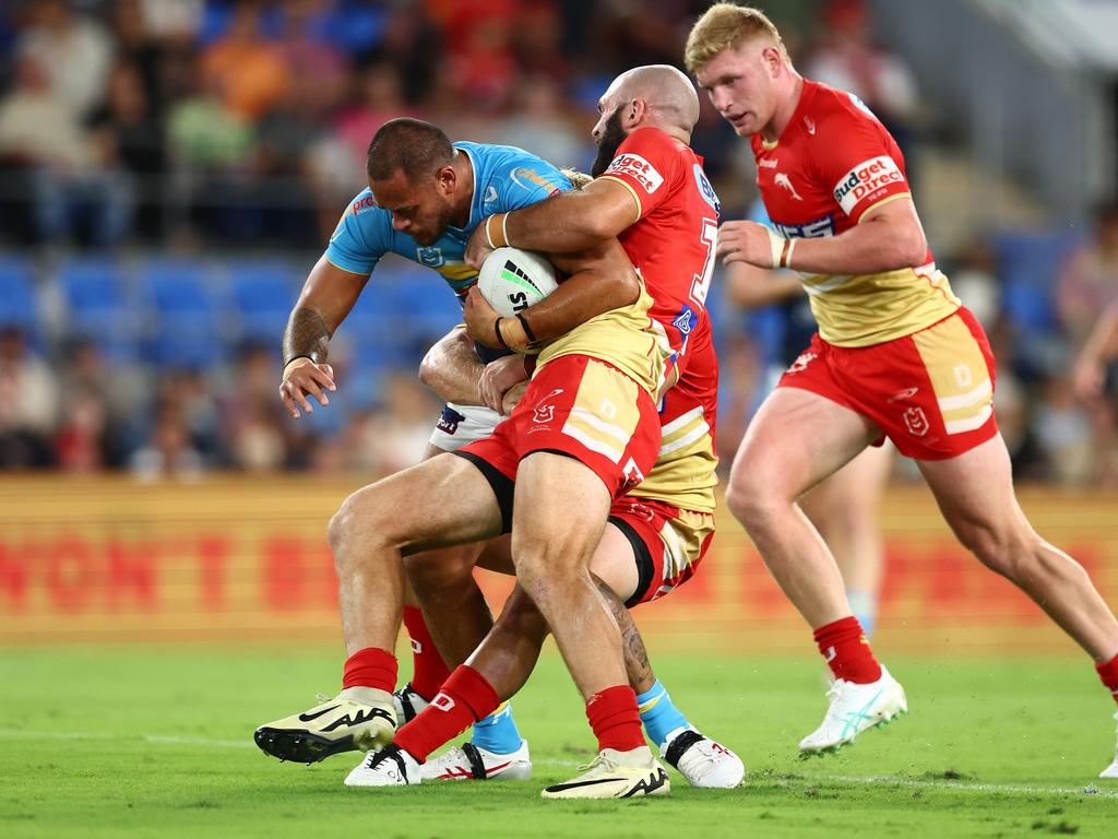 The hip drop tackle on Phillip Sami that saw Max Plath sent to the sin bin. Picture: Chris Hyde/Getty Images