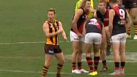 Now Hawthorn coach Sam Mitchell taunts Essendon players in 2015. Picture: Fox Sports