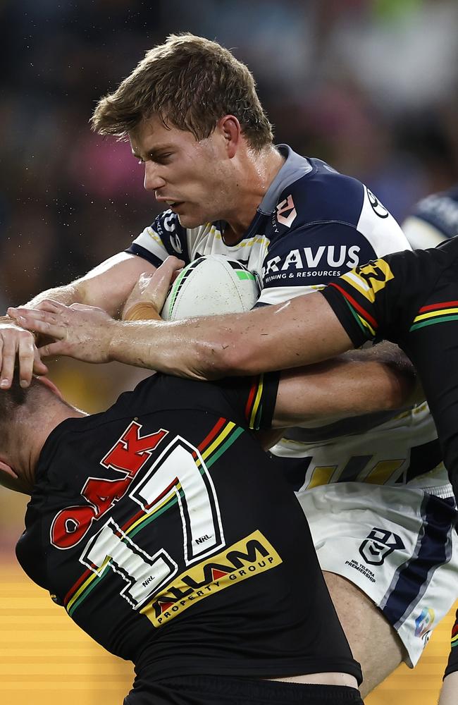 Harrison Edwards of the Cowboys is tackled during the round five NRL match between the Penrith Panthers and North Queensland Cowboys at CommBank Stadium on April 04, 2025, in Sydney, Australia. (Photo by Brendon Thorne/Getty Images)