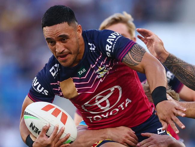 GOLD COAST, AUSTRALIA - JULY 30: Valentine Holmes of the Cowboys is tackled during the round 22 NRL match between Gold Coast Titans and North Queensland Cowboys at Cbus Super Stadium on July 30, 2023 in Gold Coast, Australia. (Photo by Chris Hyde/Getty Images)