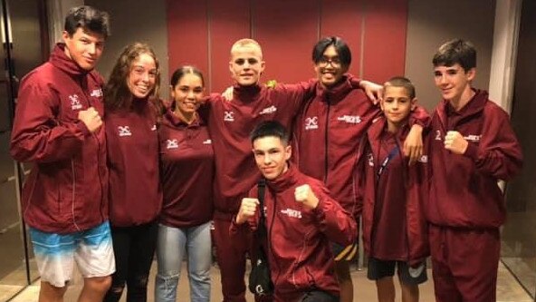 Levi Langham, Charlotte Rafferty, Tia Barney, Vegas Larfield, Neo Delon, Jye Dixon, Aaron Grealey and in front Austin Crossland at the Under 19 National Championships at the Gold Coast.