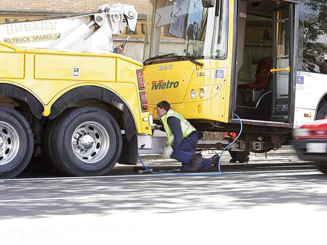 bus broken down in Hobart - Macquarie Street, between Elizabeth and Argyle Streets. Picture: MATHEW FARRELL