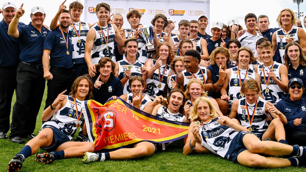 South Adelaide celebrates winning the SANFL under-16 grand final between South Adelaide and Glenelg in Noarlunga on Sunday, April 25, 2021. (The Advertiser/ Morgan Sette)