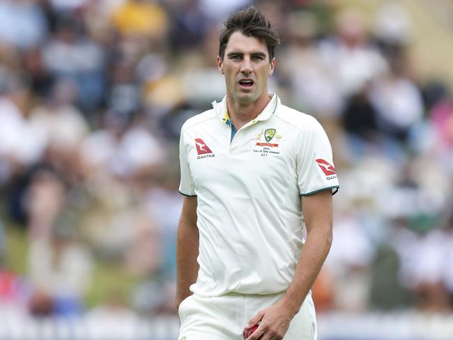 WELLINGTON, NEW ZEALAND - MARCH 02: Pat Cummins of Australia prepares to bowl during day three of the First Test in the series between New Zealand and Australia at Basin Reserve on March 02, 2024 in Wellington, New Zealand. (Photo by Hagen Hopkins/Getty Images)