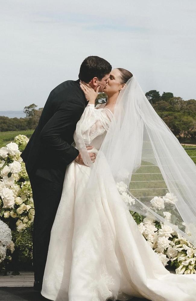 Retired Melbourne footballer Angus Brayshaw and daughter of Danny Frawley Danielle got married on December 30th last year.. Picture: @angus_brayshaw10/Instagram